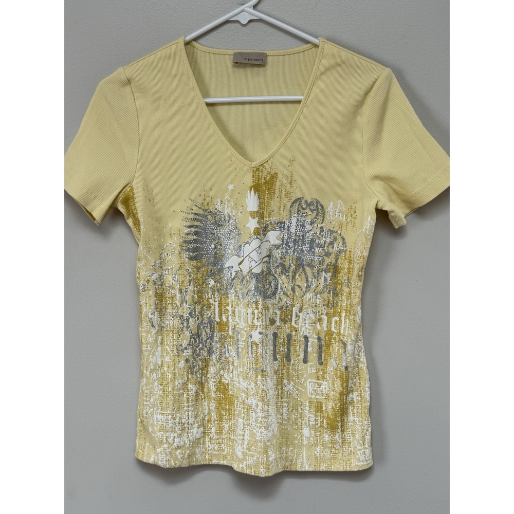 APRIORI Womens Y2K Yellow Short Sleeve T Shirt Size 10 Silver Sparkle 90's